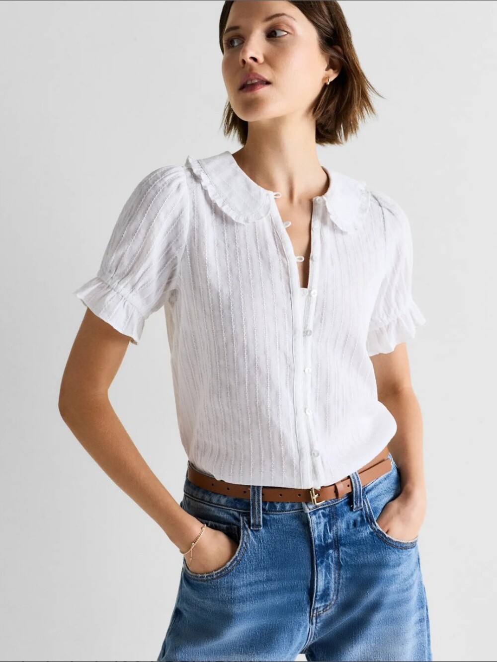 Quince Embroidered Cotton Ruffle Collar Short Sleeve Blouse- L